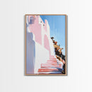 Mediterranean Steps, Coastal Wall Art, Santorini Print, Blue and Pink Decor, Travel Painting, Framed Canvas Print, Living Room Art