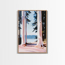 Forest Lake Scene, Tranquil Nature Painting, Minimalist Woodland Print, Blue and Pink Aesthetic, Framed Canvas Print, Bedroom Wall Art