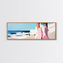 Ocean Waves, Pink Skirt, Windy Shoreline, Framed Canvas Print, Coastal Wall Art, Beach Home Decor, Minimalist Aesthetic, Ocean Scene