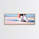 Woman, Pink Dress, Ocean Waves, Framed Canvas Print, Feminine Wall Art, Romantic Beach Scene, Soft Pastel Aesthetic, Dreamy Home Decor