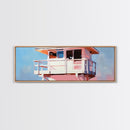 Lifeguard Tower, Ocean, Coastal, Framed Canvas Print, Beach House Decor, Nautical Wall Art, Minimalist Aesthetic, Blue and White Tones