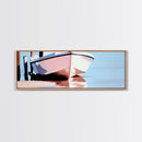 Docked Boat, Nautical Charm, Maritime Art, Framed Canvas Print, Coastal Living Room Decor, Beach House Wall Art, Ocean Painting