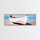 White Canoe, Coastal Wall Art, Seaside Aesthetic, Framed Canvas Print, Minimalist Boat Painting, Nautical Beach House Art, Ocean Decor