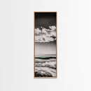 Coastal Waves, Black and White, Green Wave, Framed Canvas Print, Modern Beach Wall Art, Minimalist Ocean Decor, Living Room Art