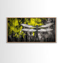 Dragonfly Art, Nature Insect, Modern Botanical, Black and White Sketch, Yellow Green Abstract, Framed Canvas Print, Bedroom Wall Decor