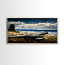 Seaside View, Dramatic Sky, Coastal Landscape, Nature Painting, Deep Blue Tones, Framed Canvas Print, Beach House Decor, Living Room Art