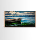 Lonely Boat, Ocean Painting, Nautical Home Decor, Framed Canvas Print, Coastal Wall Art, Blue Water Art, Beach House Art