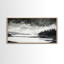 Monochrome Landscape Art, Misty Lake Canvas Print, Nature Wall Decor, Black and White Painting, Living Room Artwork, Framed Canvas Print