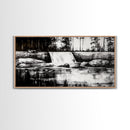 Waterfall Landscape, Black and White Nature Art, Forest Wall Decor, Rustic Art, Minimalist Landscape, Cabin Artwork, Framed Canvas Print