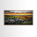 Vibrant Sunset, Colorful Sky, Wildflower Meadow, Framed Canvas Print, Fall Landscape, Nature Art, Living Room Decor, Rustic Warmth