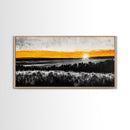 Sunrise Over Fields, Golden Light, Black and White Contrast, Tranquil Scene, Minimalist Wall Art, Warm Tones, Framed Canvas Print