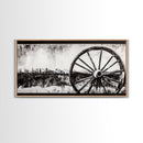 Wagon Wheel, Mountain Landscape, Black and White Western Art, Rustic Home Decor, Framed Canvas Print, Farmhouse Living Room Art