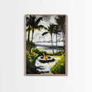 Palm Trees, Fire Pit, Coastal Escape, Beach House Decor, Black and White Art, Tropical Landscape, Canvas Print, Relaxing Wall Art
