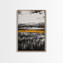 Golden Meadow, Black and White Landscape with Yellow Accents, Minimalist Nature Wall Art, Framed Canvas Print, Living Room or Office Decor