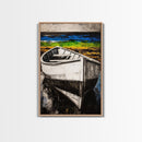 Coastal Rowboat, Black and White Boat Painting, Nautical Seascape Art, Rustic Beach House Decor, Framed Canvas Print, Bedroom Art