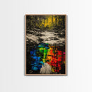 Forest Reflection, Black and White with Vibrant Colors, Abstract Waterfall Painting, Framed Canvas Print, Nature Lover’s Wall Art