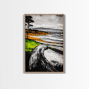 Driftwood Shore, Ocean Beach Wall Art, Modern Coastal Decor, Nature Seascape Print, Tranquil Waves, Framed Canvas Print