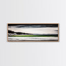 Serene Lake, Monochrome Water Art, Minimalist Nature, Dramatic Sky, Green Accent, Modern Home Wall Decor, Framed Canvas Print