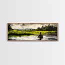 Man, Water, Reflection, Framed Canvas Print, Serene Landscape Art, Tranquil Wall Decor, Nature Inspired Painting, Moody Green Aesthetic