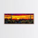 Desert Sunset Art, Vibrant Cactus Painting, Warm Boho Landscape, Southwestern Wall Decor, Bold Nature Print, Framed Canvas Print