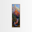 Mountain Pines, Autumn Stream, Framed Canvas Print vibrant alpine landscape painting, autumn trees and lake reflection, rustic lodge wall decor