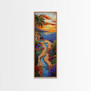Sunset, Palms, Cactus, Stream - Framed Canvas Print, Tropical Desert Wall Art, Southwest Coastal Decor, Colorful Living Room Boho Painting