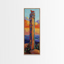 Totem, Ocean, Sunset, Whimsy - Framed Canvas Print, Coastal Totem Wall Art, Whimsical Beach House Decor, Colorful Folk Art Living Room Style