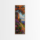 Coastal Bell Tower, Floral Pathway, Mediterranean Seaside Art, Vibrant Garden Style, Fall Home Accent, Framed Canvas Print