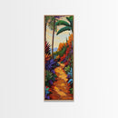 Tropical Pathway, Palms, Jungle Walkway Framed Canvas Print, Bohemian Wall Art, Bedroom Botanical Decor, Vibrant Nature Illustration
