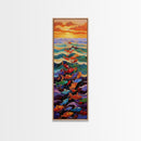 Ocean Journey, Colorful Fish, Sunrise Waves, Framed Canvas Print, vibrant coastal fish painting, kids room or nautical beach house art