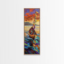 Colorful Boat, Sunset Sea, Vibrant Ocean Scene, Framed Canvas Print, Coastal Wall Decor, Eclectic Living Room Art, Nautical Wall Art