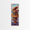 Wagon Reflection, Beach Vibrant, Framed Canvas Print, Colorful bohemian coastal art, living room decor, whimsical wall painting