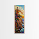 Lighthouse Sunset, Ocean Rocky, Framed Canvas Print, Nautical coastal art, lighthouse wall decor, living room or beach house art