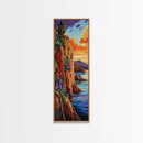 Sunset Cliffside, Ocean Tropical, Framed Canvas Print, Bold rocky coastline painting, tropical wall art, den or office decor piece
