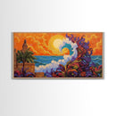 Ocean Wave, Sunset, Lighthouse, Framed Canvas Print vibrant coastal art, whimsical seascape painting, tropical decor, beach wall art