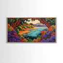 Colorful Coastal, Framed, Bright tropical coastal landscape view with water and foliage, Framed Canvas Print, living room wall art