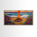Fire Beach, Ocean, Framed Canvas Print, Sunset Beach Bonfire Painting, Vibrant Coastal Campfire Wall Art, Boho Living Room Decor