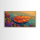 Leaf, Autumn, Floating, Nature, Framed Canvas Print, Fall themed leaf painting, cozy seasonal decor, rustic kitchen wall art