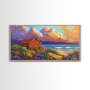 Cabin by Ocean, Colorful Beach Sunset, Cloudy Sky Art, Canvas Print, Autumn Wall Decor, Cozy Living Room Art, Rustic Coastal Scene