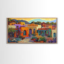 Colorful Adobe Homes, Desert Village Scene, Southwest Art Style, Canvas Print, Boho Wall Decor, Vibrant Courtyard Painting