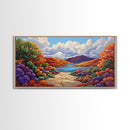 Canyon Lake Path, Colorful Wildflowers, Bold Autumn Hills, Framed Canvas Print, Nature Inspired Wall Art, Southwestern Decor