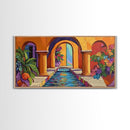 Courtyard Fountain, Colorful, Mediterranean, Framed Canvas Print, Spanish Style Art, Hallway Wall Decor, Bold Architecture Painting