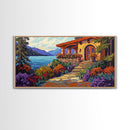 Lake Cabin, Garden, Pathway, Framed Canvas Print lakeside retreat artwork, rustic home wall art, cozy landscape scene, autumn print