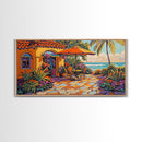 Patio Palm, Ocean, Framed Canvas Print, Tropical Patio Garden Scene, Warm Mediterranean Style Wall Decor,  Dining Room Art