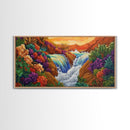 Sunset Waterfall, Vibrant Jungle, Tropical Landscape, Framed Canvas Print, Boho Wall Art, Bathroom or Bedroom Decor, Nature Painting