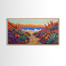 Beach Trail, Succulents, Ocean Path, Framed Canvas Print, Vibrant desert-to-ocean painting perfect Kitchen Wall Art or Boho Coastal Decor