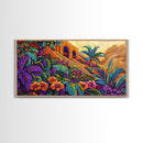 Jungle, Flowers, Adobe, Hillside, Framed Canvas Print tropical wall art, vibrant living room decor, boho jungle scene painting