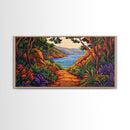 Trail Trees, Ocean, Bright, Framed Canvas Print vibrant nature path artwork, coastal forest boho art, kitchen wall decor