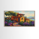 Villa Hillside, Coastal, Colorful, Framed Canvas Print Mediterranean house art, vibrant landscape painting, kitchen boho decor print