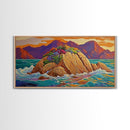 Island Sunset, Coastal Flowers, Ocean Rocks, Framed Canvas Print, Tropical Landscape Wall Art, Colorful Living Room Art, Entryway Decor